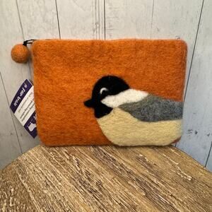 Felted Wool Brown Wallet Pouch Chickadee Bird Lover Makeup Bag New FAST SHIP